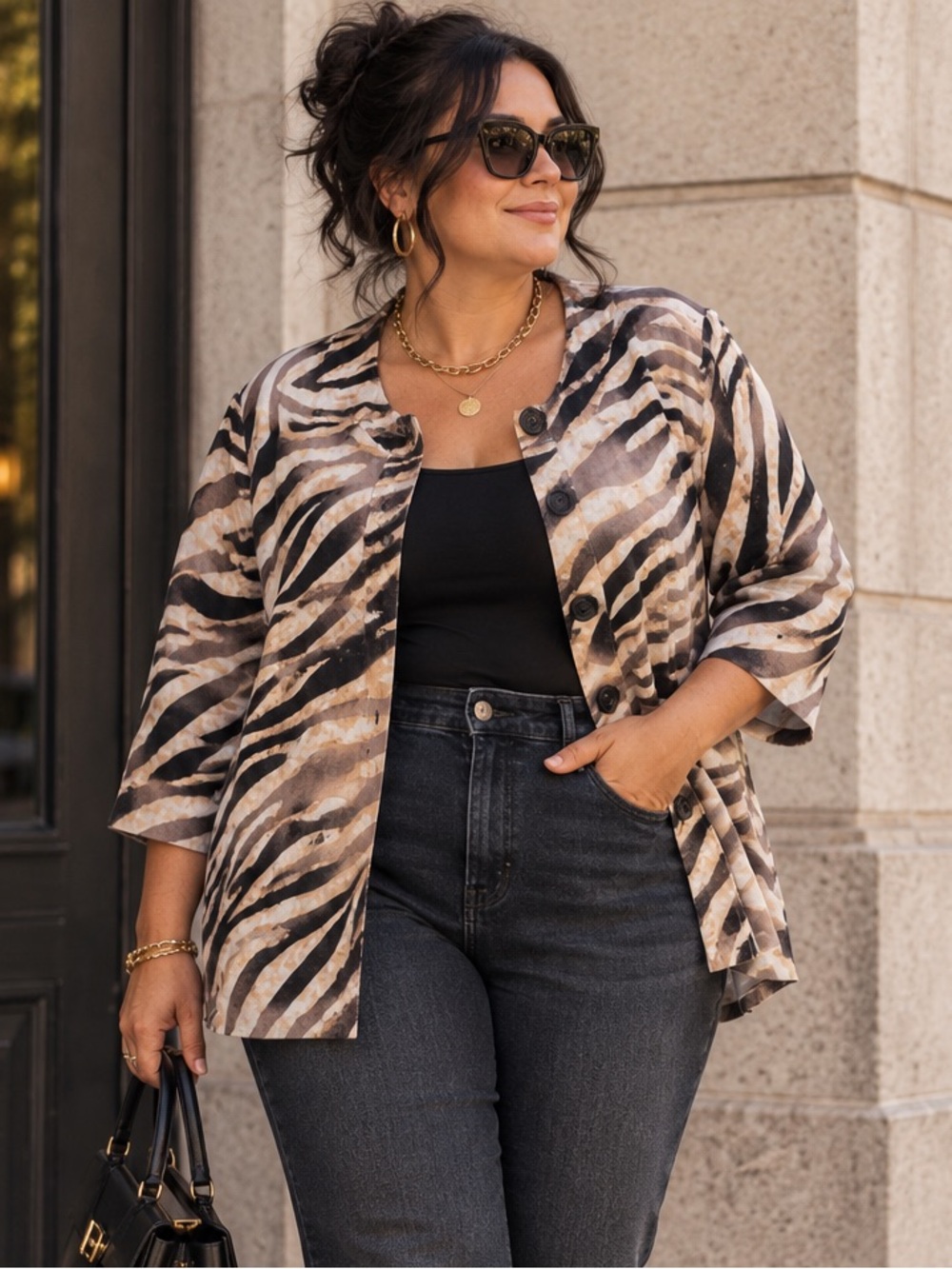 JM Collection Woman 20W 100% Linen Zebra Animal Print Button Front Jacket Top
